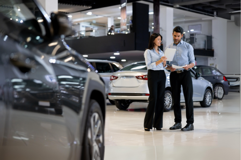 Two salespeople working together in a car showroom